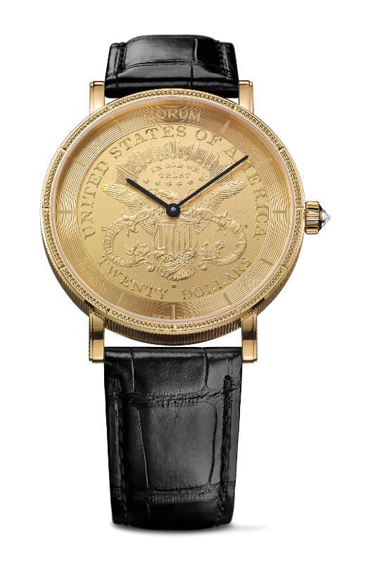 ヘリテイジ　コインウォッチ／22Ｋ（外周部分は18K）ＹＧ製の20ドル金貨使用。自動巻き。ケース径43mm。ケース厚7.6mm。10ｍ／1気圧防水。アリゲーターストラップ。350万円。